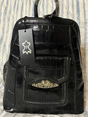 Black Croc-Embossed Leather Backpack with Ornate Heart Accent